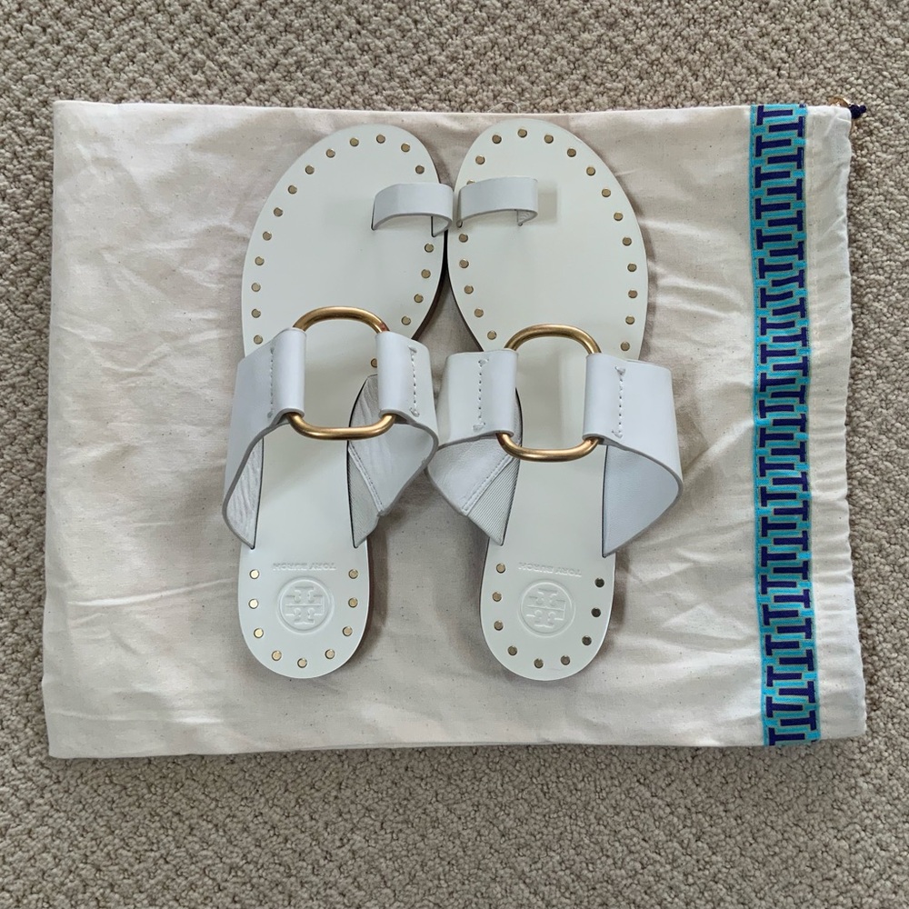 Tory Burch White Leather Slide Sandals with Gold Hardware